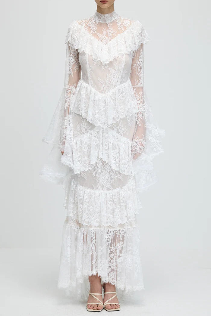 Sheer Lace Sleeve Maxi Dress in White