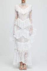 Sheer Lace Sleeve Maxi Dress in White