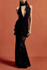 Cotton Lace Hollow Maxi Dress in Black