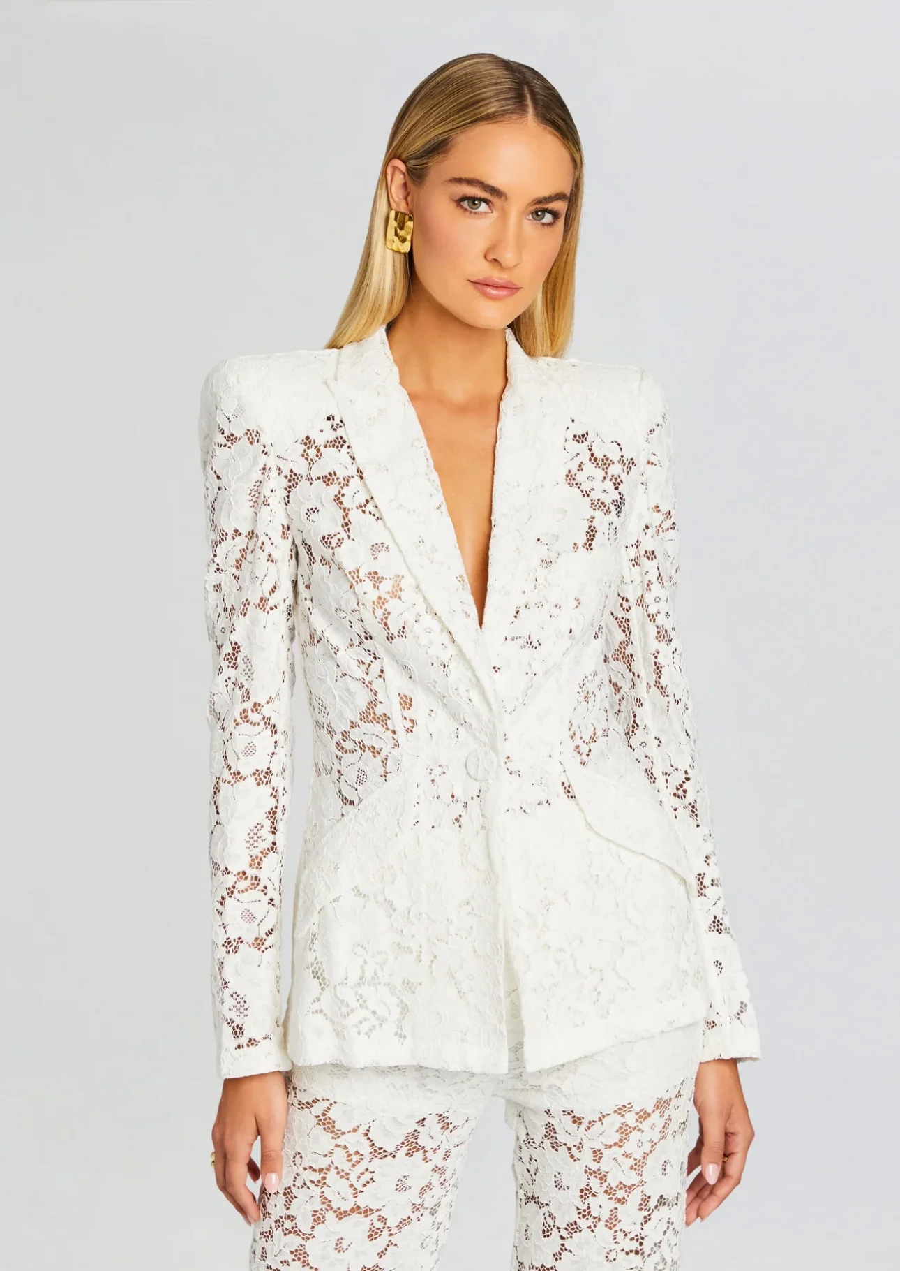 V-Neck Lace Blazer Set in White