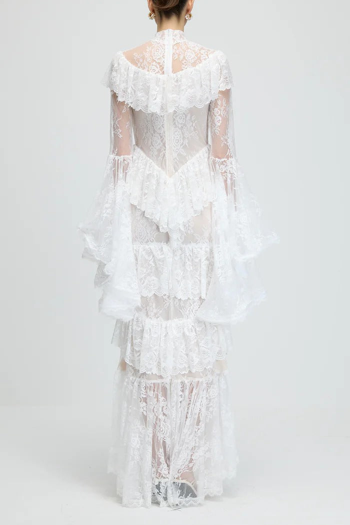 Sheer Lace Sleeve Maxi Dress in White