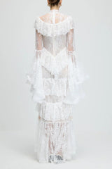 Sheer Lace Sleeve Maxi Dress in White