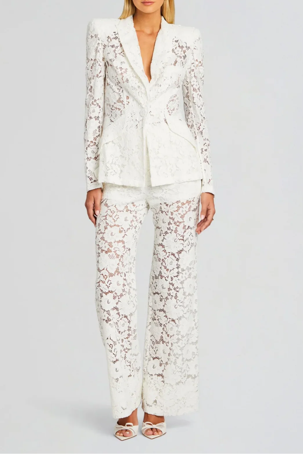 V-Neck Lace Blazer Set in White
