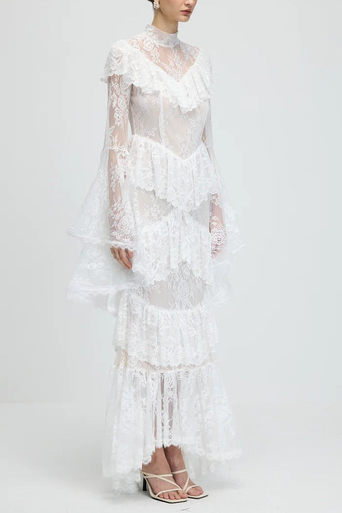 Sheer Lace Sleeve Maxi Dress in White