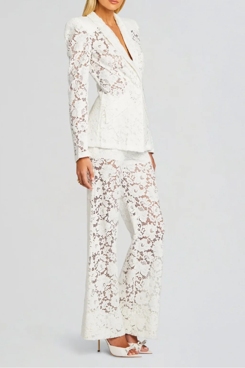V-Neck Lace Blazer Set in White