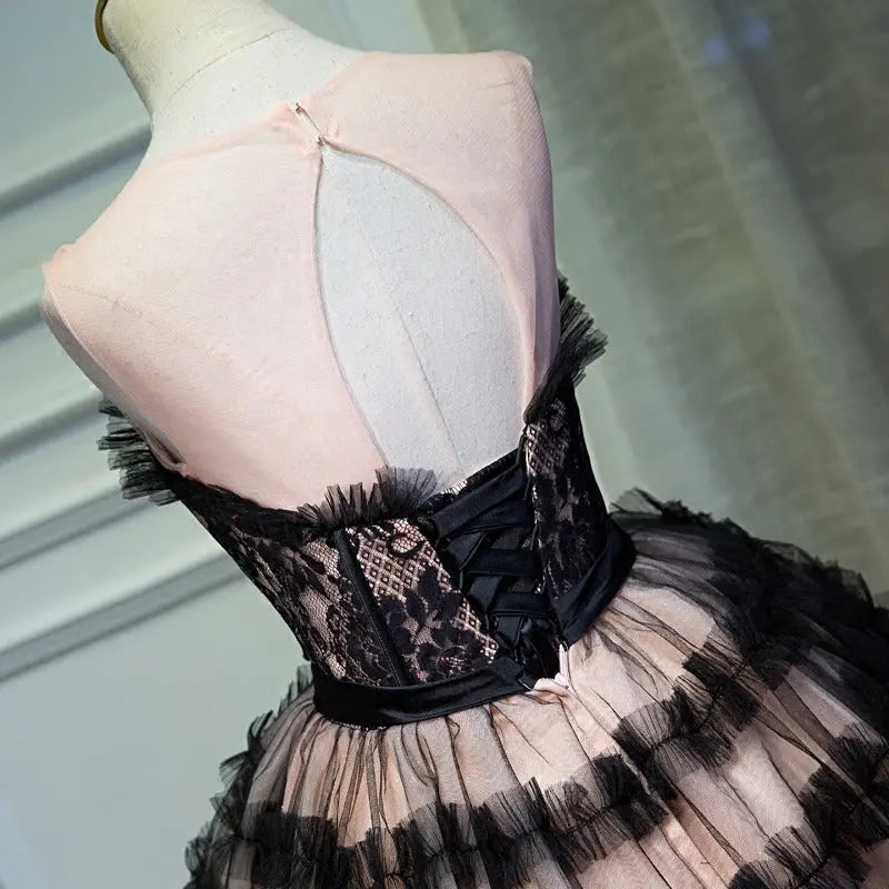 Lace Puffy Mini Dress in Black