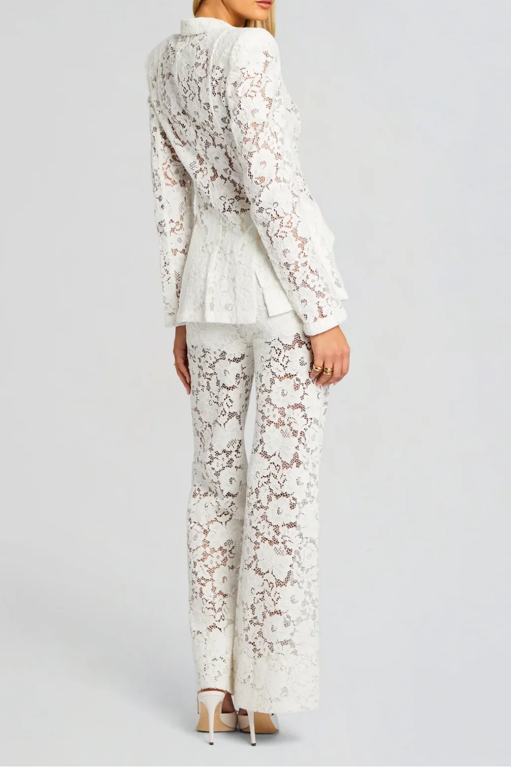V-Neck Lace Blazer Set in White