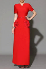 3D Flower Embellished Slim Maxi Dress in Red