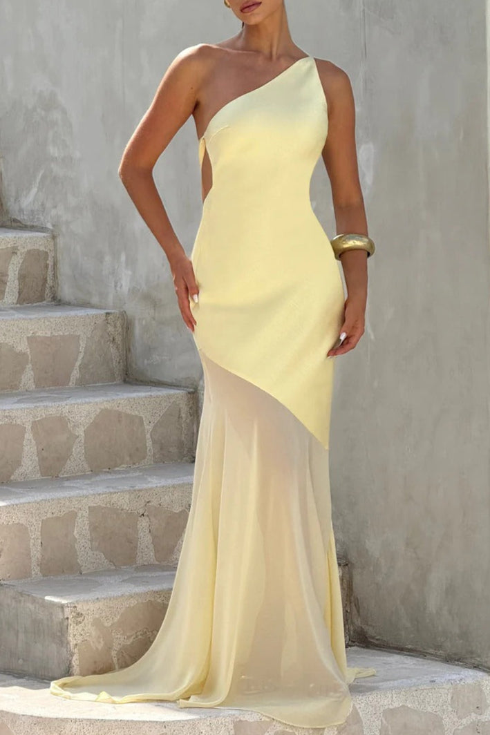 Lace-up Beveled Back Satin Maxi Dress in Yellow