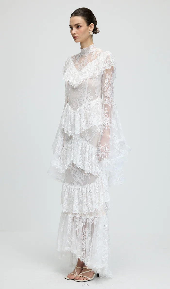 Sheer Lace Sleeve Maxi Dress in White