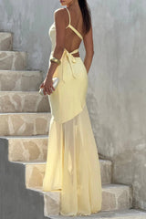Lace-up Beveled Back Satin Maxi Dress in Yellow