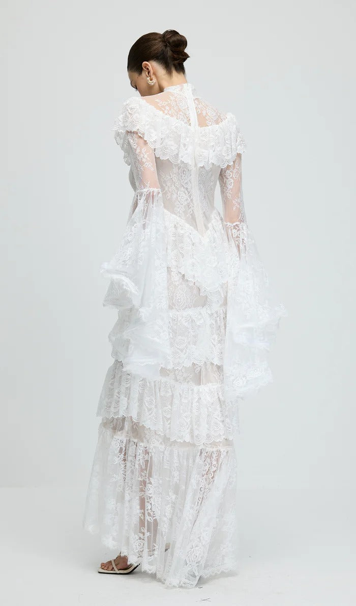 Sheer Lace Sleeve Maxi Dress in White