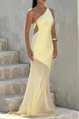 Lace-up Beveled Back Satin Maxi Dress in Yellow