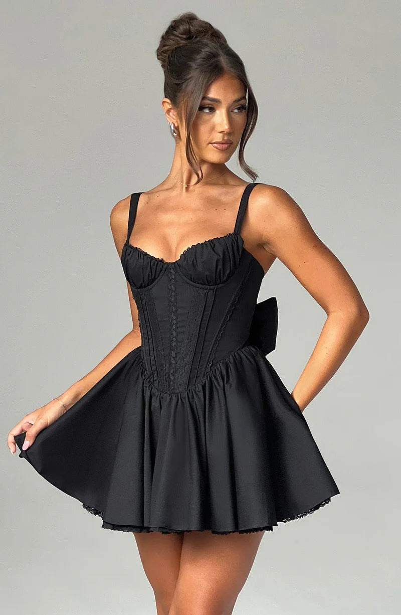 Lace Ruffle Trim Corset Mini Dress in Black
