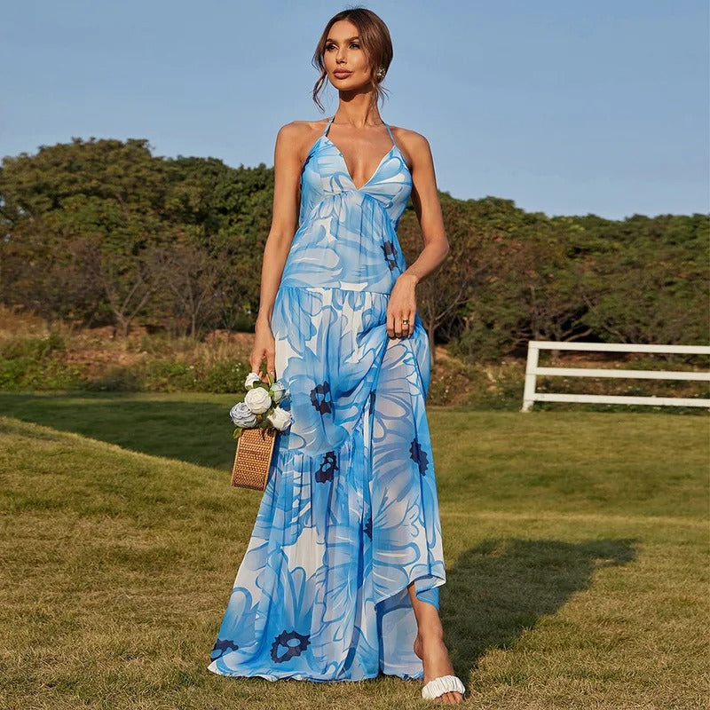 Blue & White Floral Print Halter Neck Maxi Dress