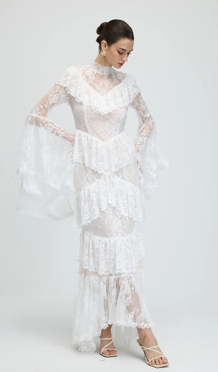 Sheer Lace Sleeve Maxi Dress in White
