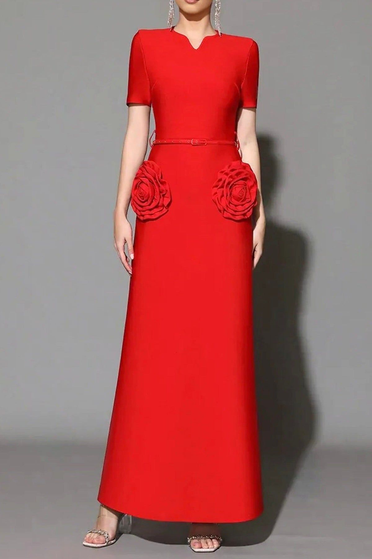 3D Flower Embellished Slim Maxi Dress in Red