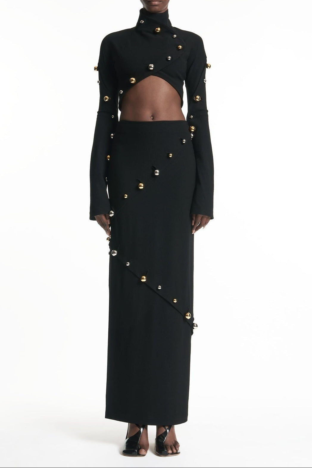 Button-Embellished Cotton-Jersey Top Maxi Skirt Suit in Black