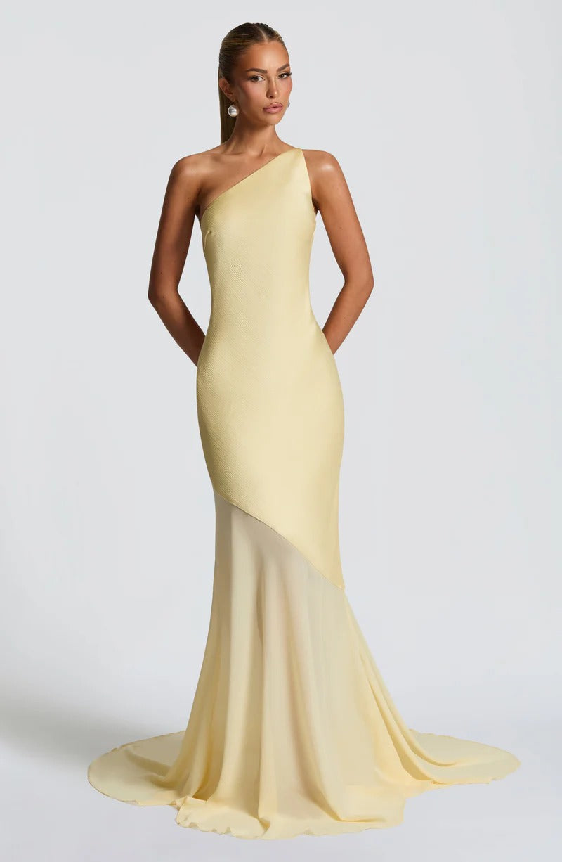 Lace-up Beveled Back Satin Maxi Dress in Yellow