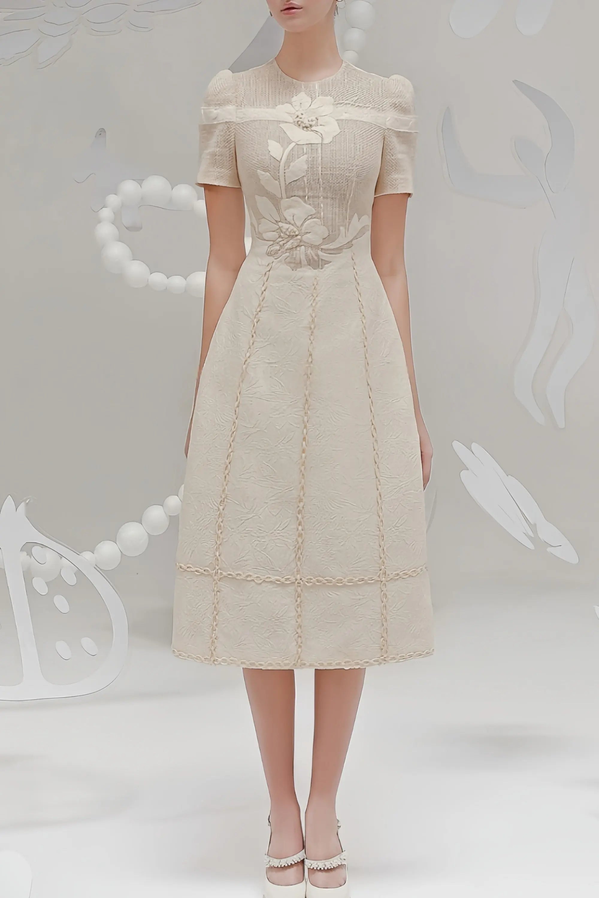3D Floral Embroidered Hollow Midi Dress in Apricot