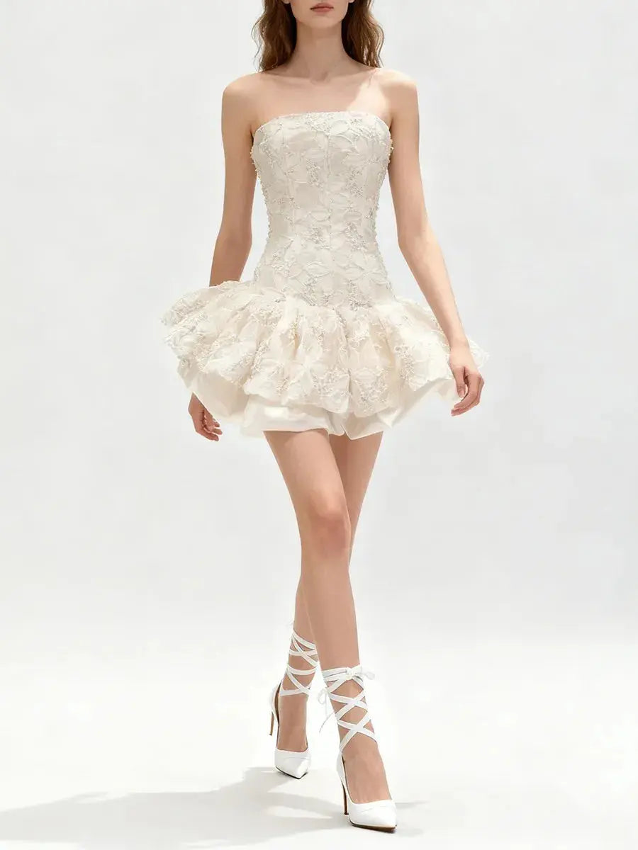 Embroidered Lace Ruffle Mini Dress in Pink