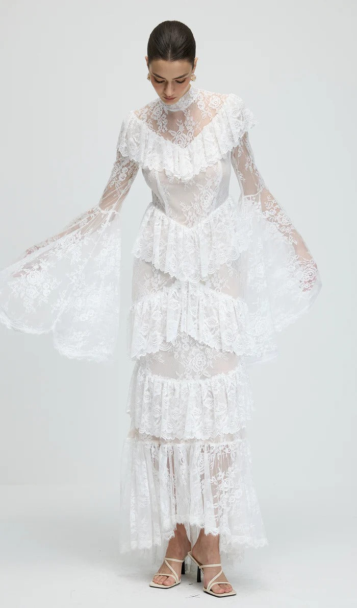 Sheer Lace Sleeve Maxi Dress in White