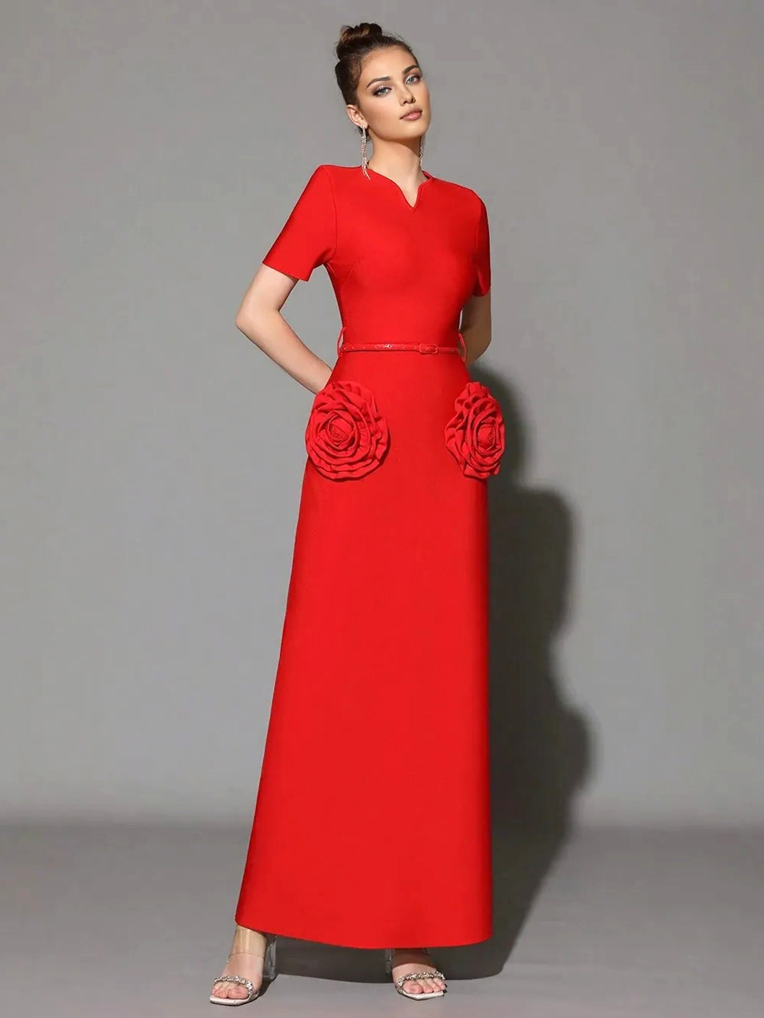 3D Flower Embellished Slim Maxi Dress in Red