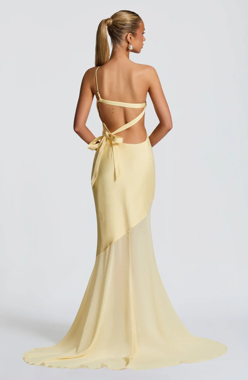 Lace-up Beveled Back Satin Maxi Dress in Yellow