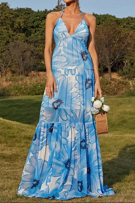 Blue & White Floral Print Halter Neck Maxi Dress