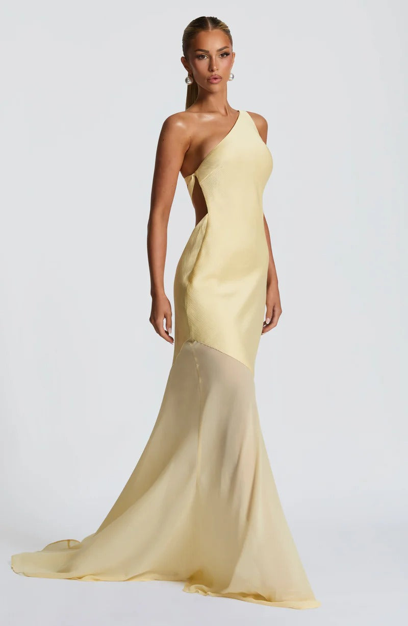 Lace-up Beveled Back Satin Maxi Dress in Yellow