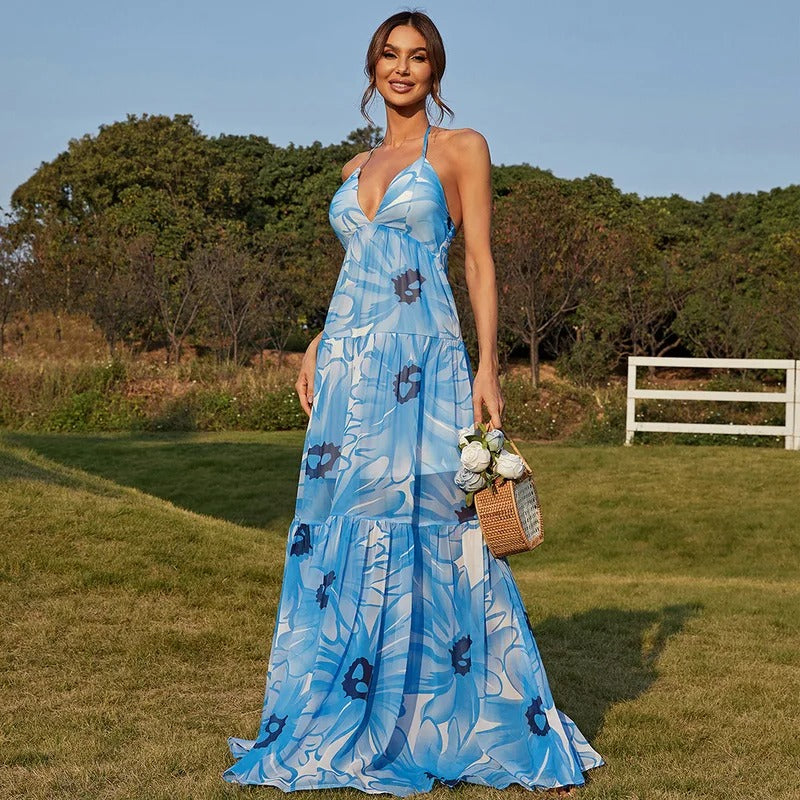 Blue & White Floral Print Halter Neck Maxi Dress