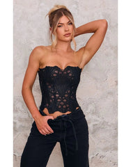 Black Textured Sheer Floral Lace Corset