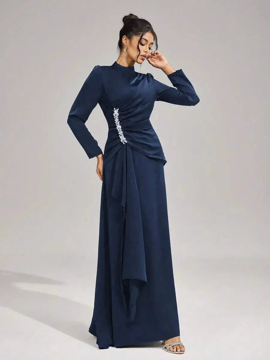 Long Sleeves with Beading Maxi Dress in Blue