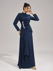 Long Sleeves with Beading Maxi Dress in Blue