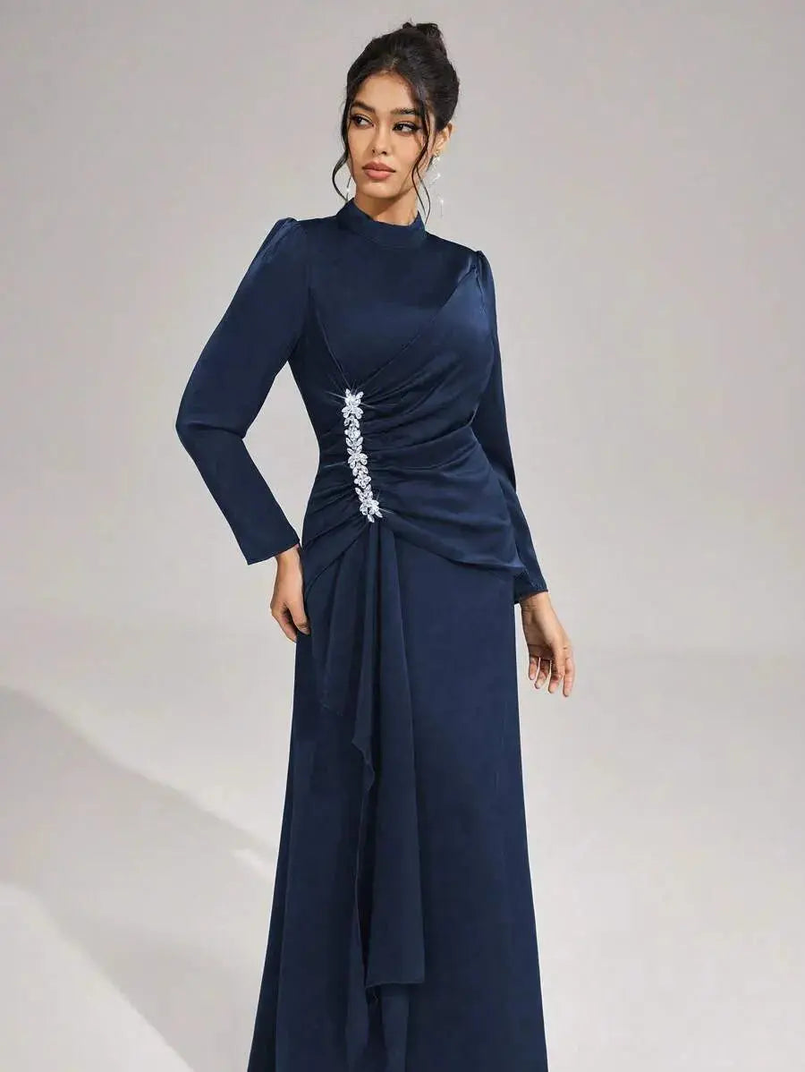 Long Sleeves with Beading Maxi Dress in Blue