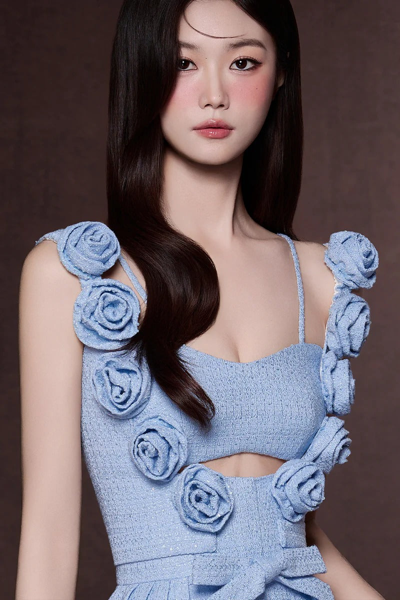 Blue 3d Flower Ribbon Mini Dress