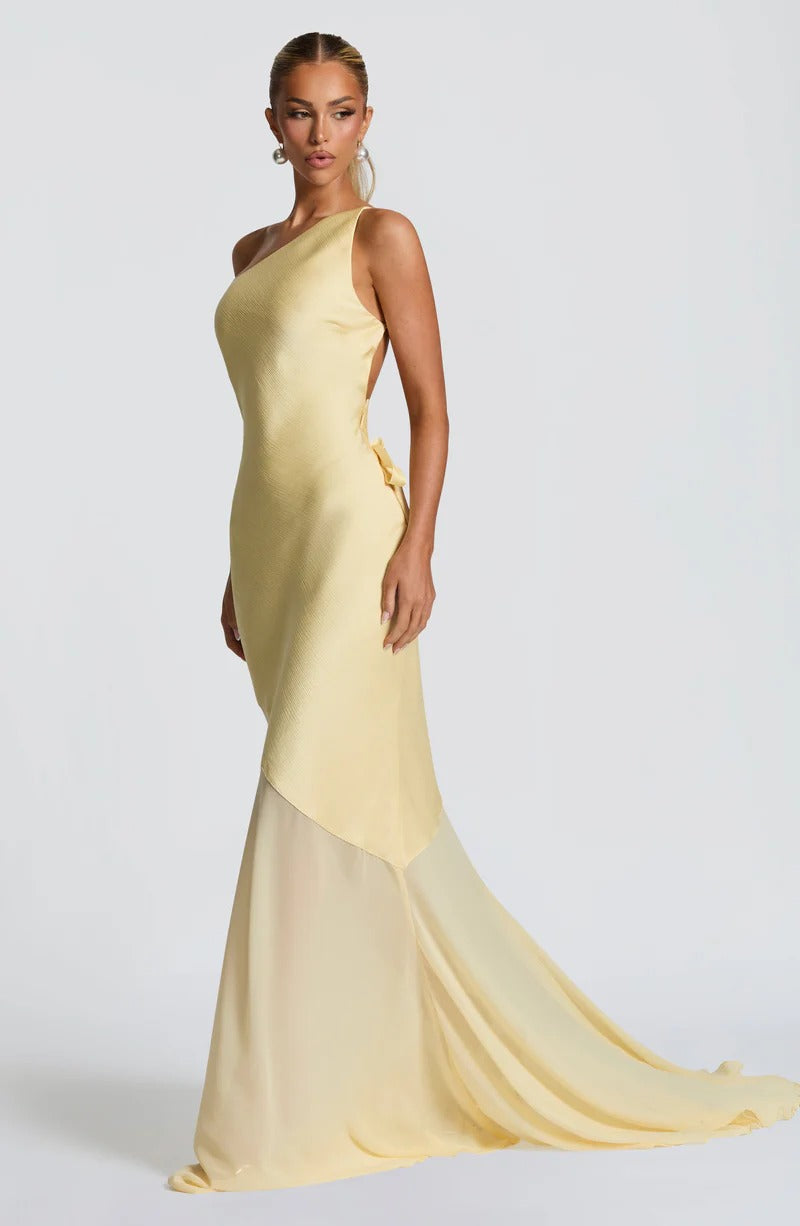 Lace-up Beveled Back Satin Maxi Dress in Yellow