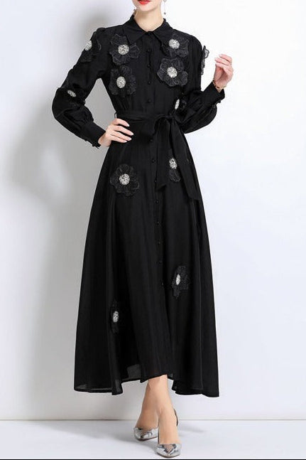 Floral Shirt Midi Dress in Black