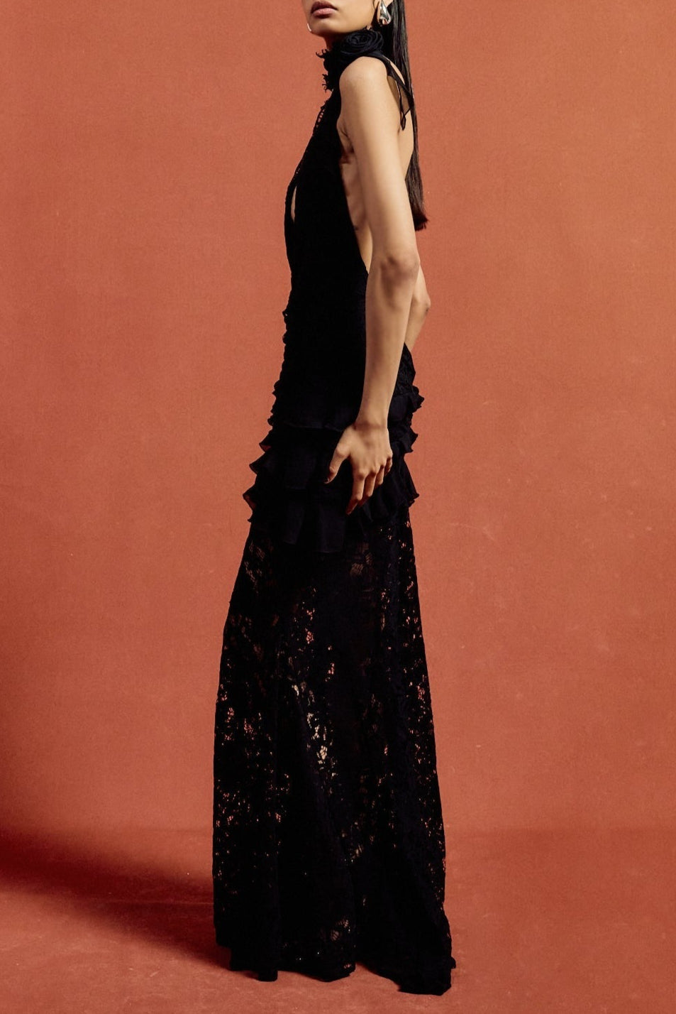 Cotton Lace Hollow Maxi Dress in Black