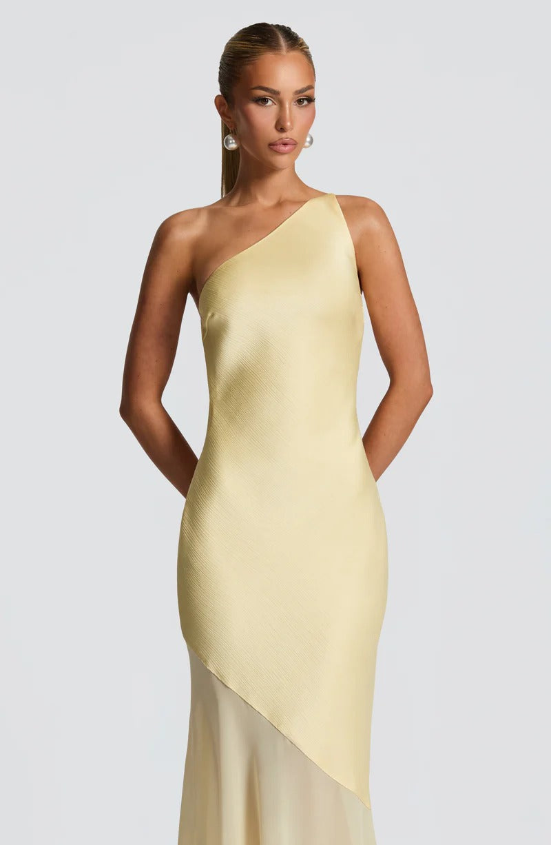 Lace-up Beveled Back Satin Maxi Dress in Yellow