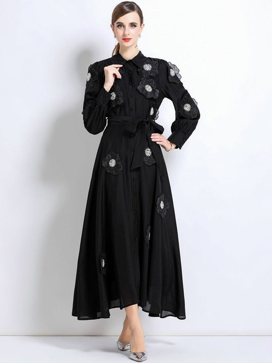 Floral Shirt Midi Dress in Black