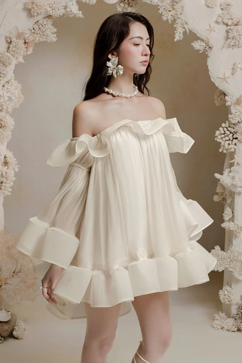 Ruffle Crinkle Mini Dress in White