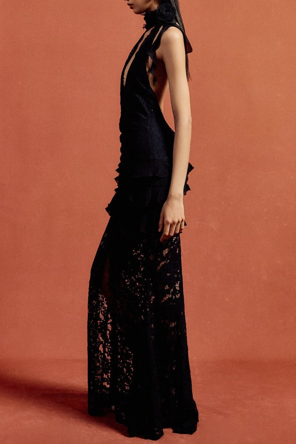 Cotton Lace Hollow Maxi Dress in Black