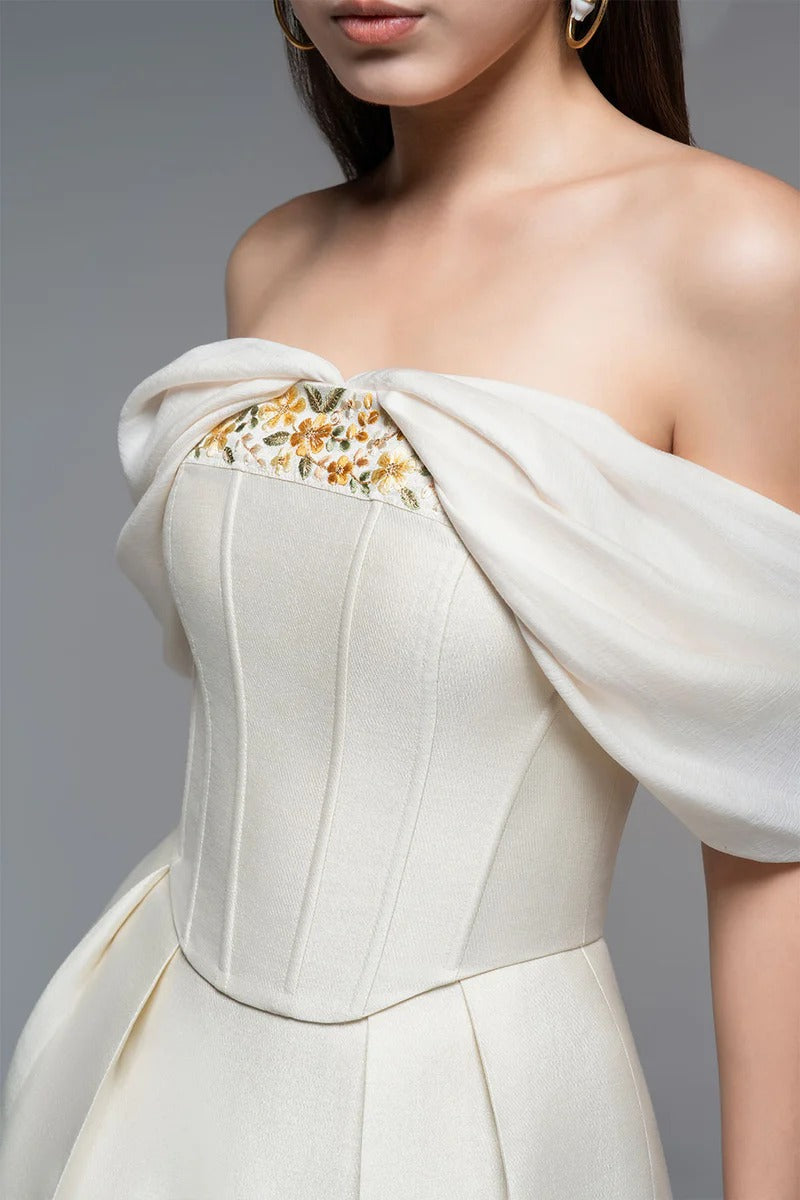 Embroidery A-line Off-Shoulder Polyester Mini Dress in Beige