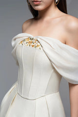 Embroidery A-line Off-Shoulder Polyester Mini Dress in Beige