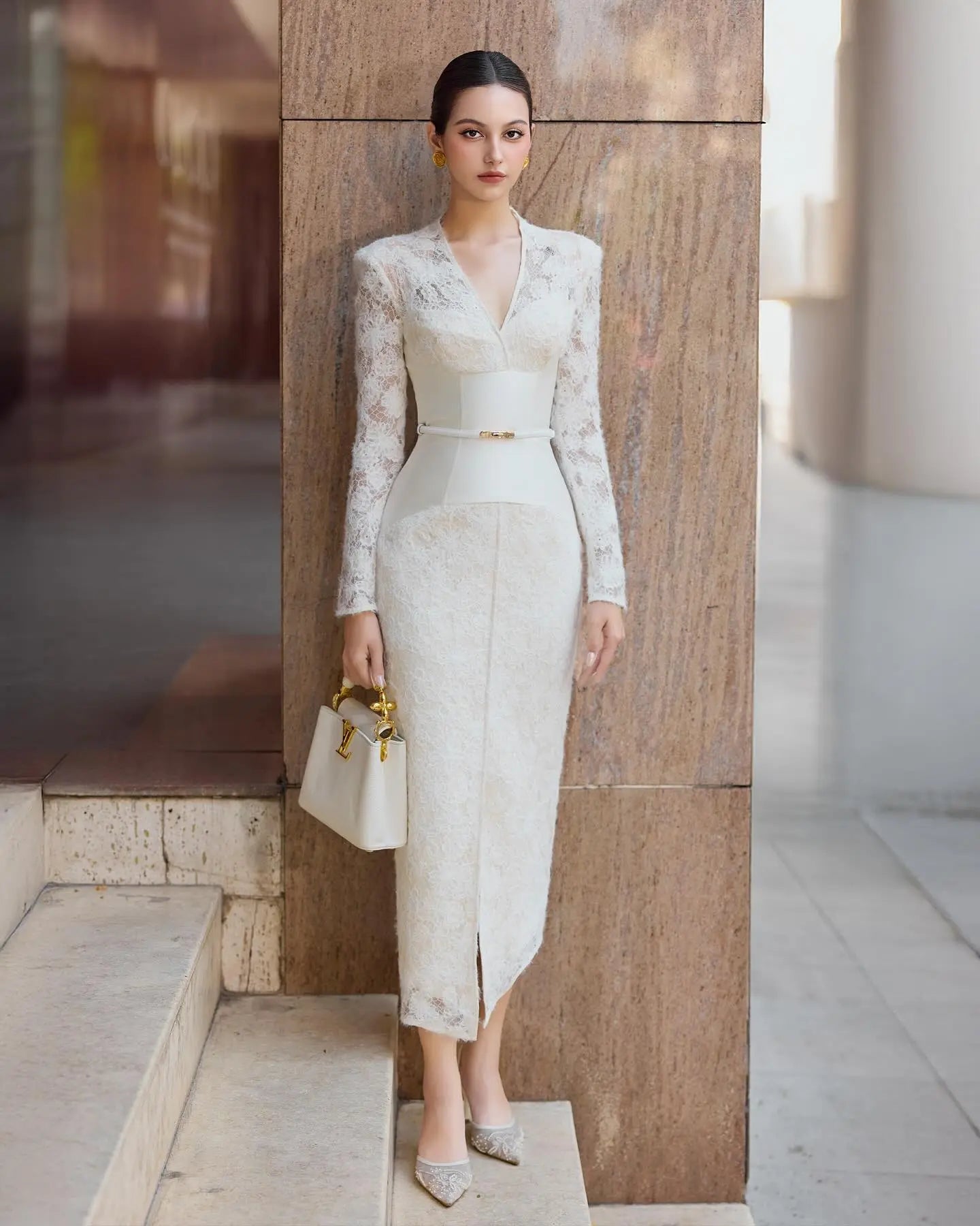 White V-Neck Lace Patchwork Midi Dress