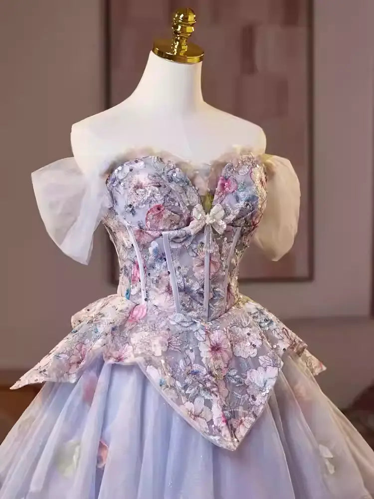 Floral Print Embroidery Puffy Mini Dress