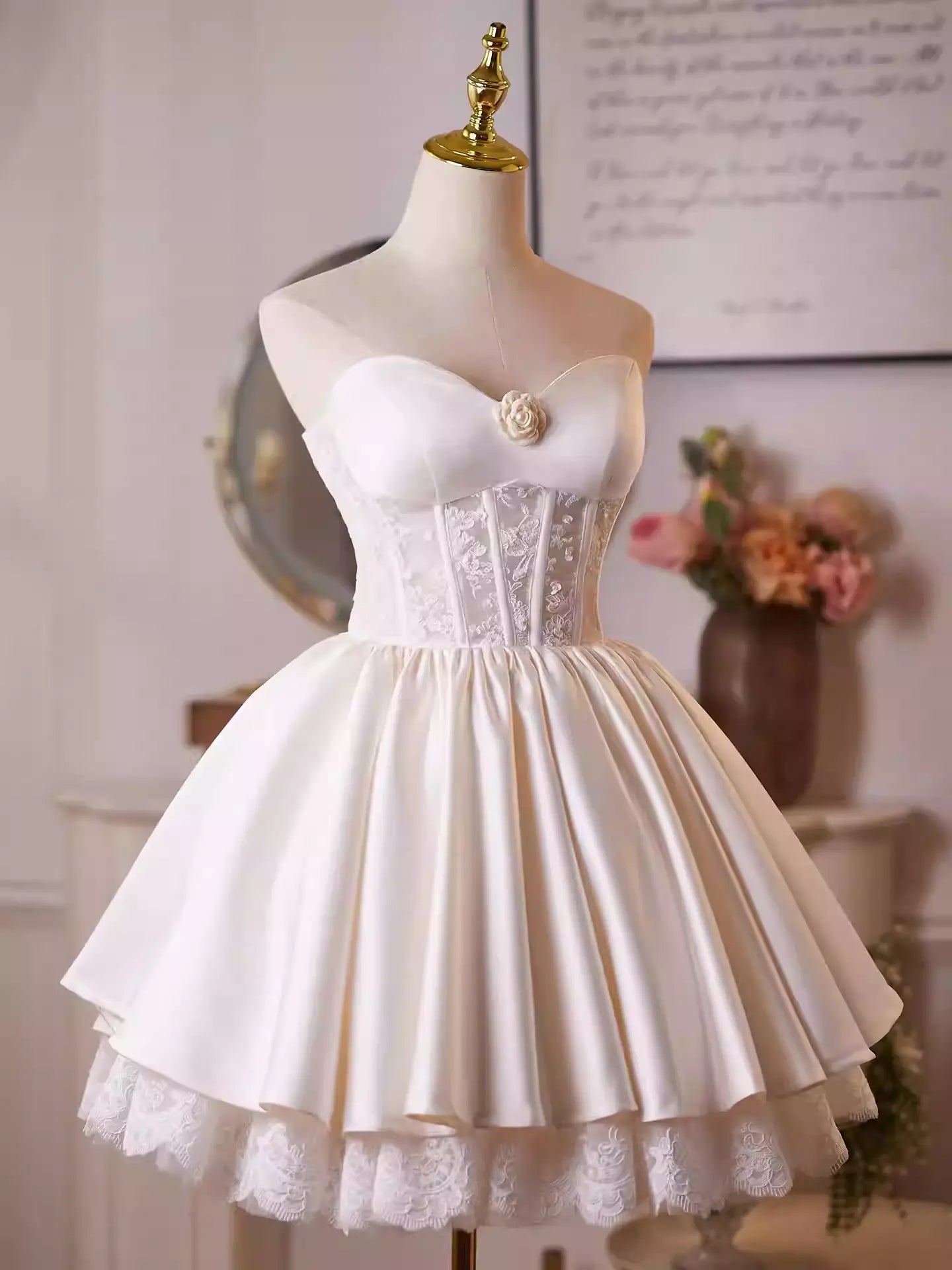 White Flower Lace Satin Mini Dress