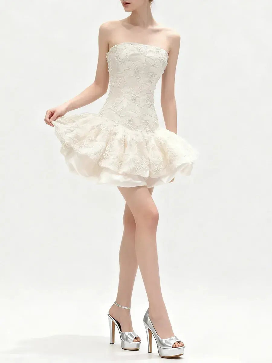 Embroidered Lace Ruffle Mini Dress in Pink
