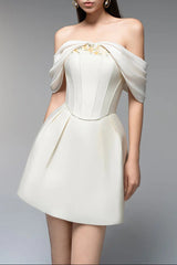 Embroidery A-line Off-Shoulder Polyester Mini Dress in Beige